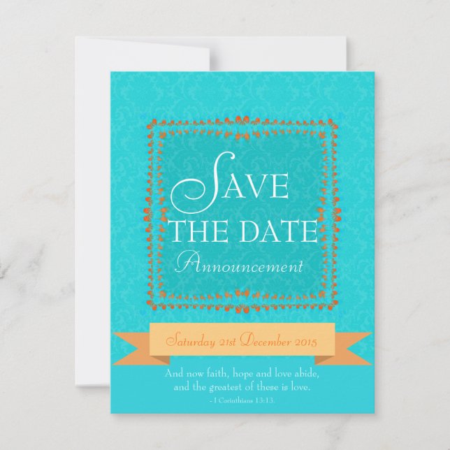 Damask Aqua Blue Romance Save the Date Einladung (Vorderseite)