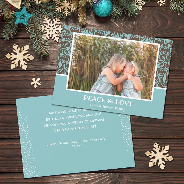 Damask Aqua Brown Weihnachts-Foto Feiertagskarte (Turquoise and brown damask design Christmas photo holiday cards, PRINTED and/or INSTANT DOWNLOAD)