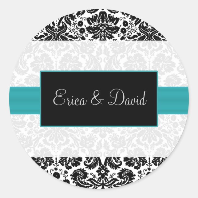 Damask aqua Wedding Monogram Aufkleber (Vorderseite)