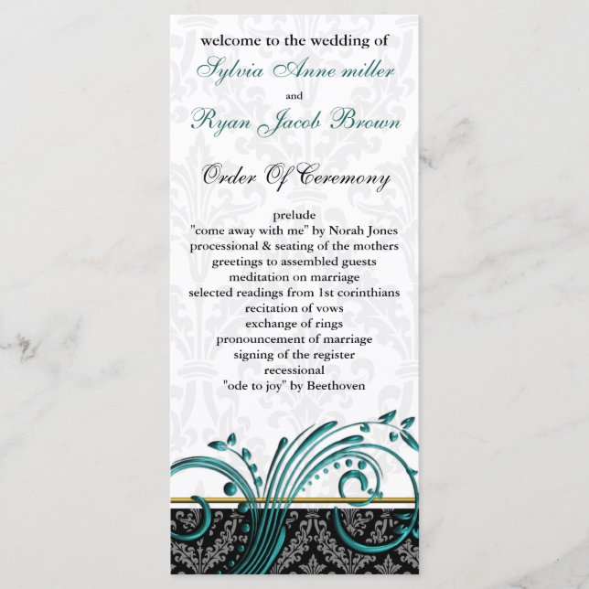 Damask aqua Wedding Programm (Vorderseite)