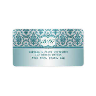 Damask aquamarines Monogramm Rücksendeadresse Adressaufkleber
