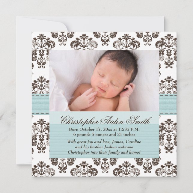 Damask Baby Announcement Blue und Brown Ankündigung (Vorderseite)