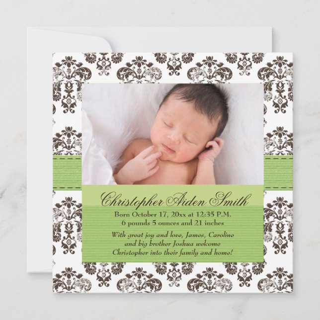 Damask Baby Birth Foto Annoucement Green Brown Ankündigung (Vorderseite)