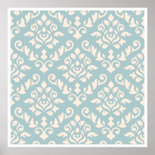 Damask Baroque Muster Creme auf blau Poster