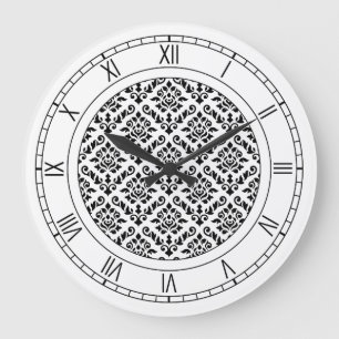 Damask Baroque Pattern Black on White Große Wanduhr