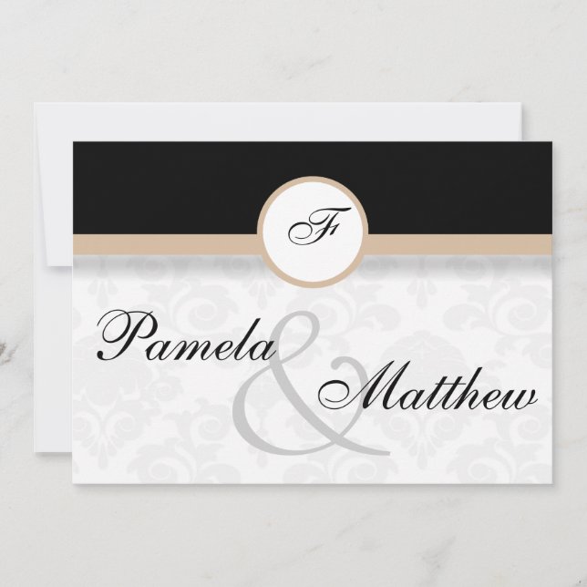 Damask Beige Monogram Hochzeit Einladung (Vorderseite)