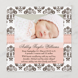 Damask Birth Announcement Pink und Brown Ankündigung