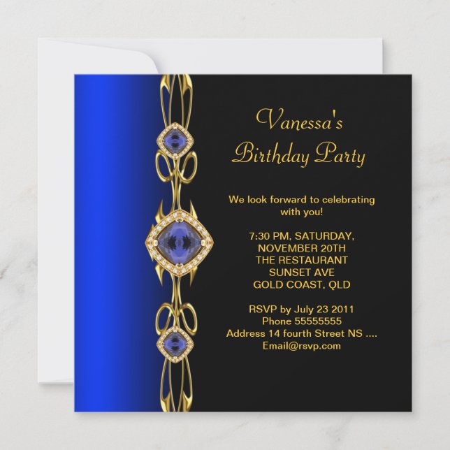 Damask Birthday Party Colbalt Blue Gold Black Einladung (Vorderseite)