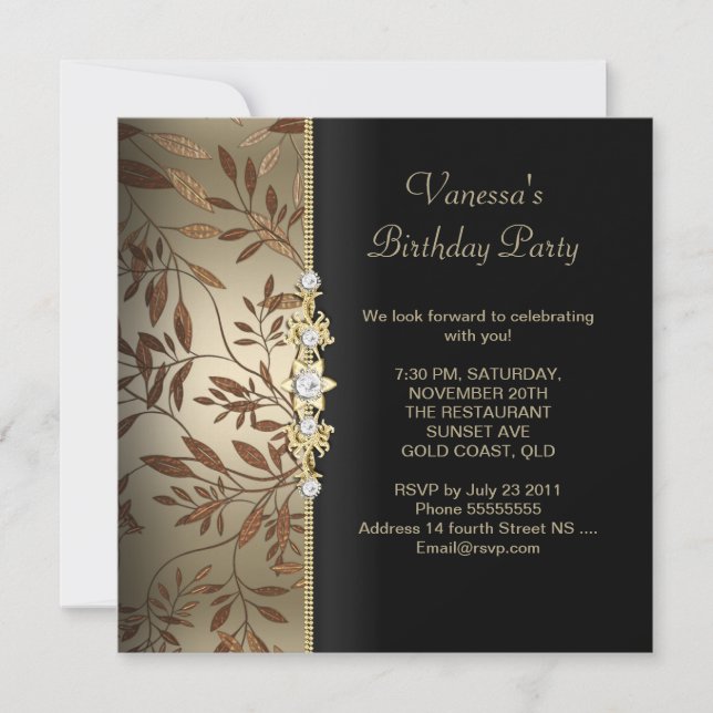 Damask Birthday Party Gold Black Floral Brown Einladung (Vorderseite)