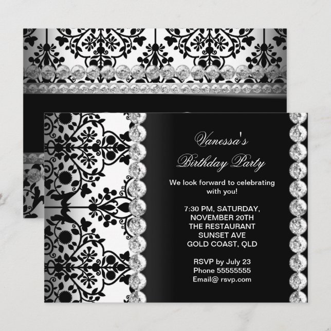 Damask Birthday Party Silver Schwarz-weiß Floral Einladung (Vorne/Hinten)