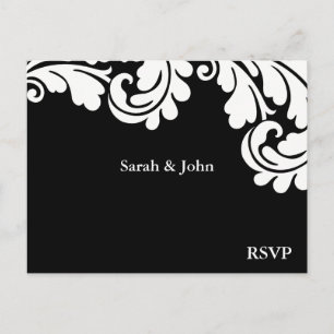 Damask Black and White Wedding RSVP 1 Einladungspostkarte