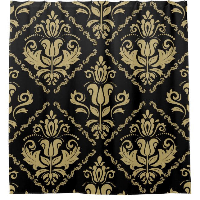 Damask Black Gold: Klassisches Ornament. Duschvorhang (Vorderseite)