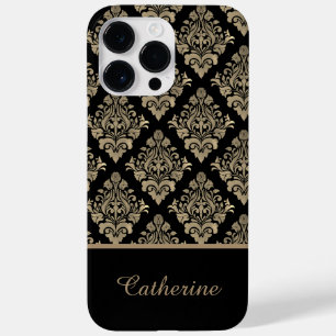 Damask Black Gold Swirl Personalisierter Name Case-Mate iPhone 14 Pro Max Hülle