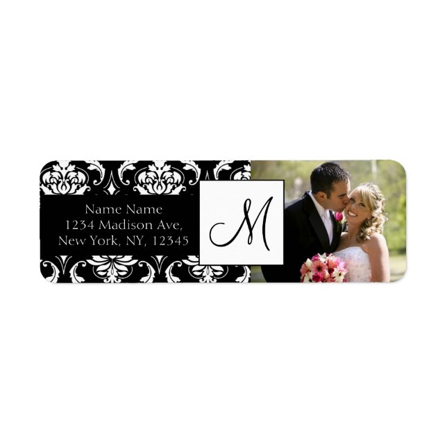 Damask Black Monogram Foto Wedeladresse Labels (Vorne)