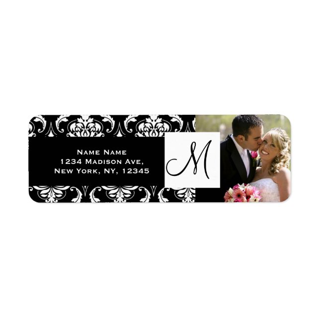 Damask Black Monogram Foto Wedeladresse Labels (Vorne)