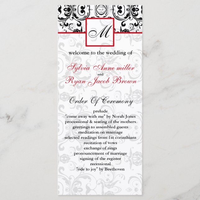 Damask black red MONOGRAM Wedding Program Programm (Vorderseite)