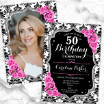 Damask Black Silver Pink Foto 50. Geburtstag Einladung<br><div class="desc">Elegante florale feminine 50. Geburtstagseinladung mit Ihrem Foto auf der Kartenrückseite. Glam Schwarz-weiß rosa Design mit Imitaten Glitzer Silber. Enthält schwarz-weiße Damast-Muster, rosa Rosen, Script-Schriftart und Konfetti. Ideal für ein stilvolles Party für Erwachsene. Personalisieren Sie Ihre persönlichen Daten. Kann für jedes Alter angepasst werden! Gedruckte Zazzle Einladungen oder Sofortdownload digitalen...</div>