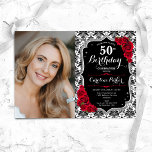 Damask Black Silver Rote Rosen Foto 50. Geburtstag Einladung<br><div class="desc">Elegante florale feminine 50. Geburtstagseinladung mit Ihrem Foto. Glam Schwarz-weiß rotes Design mit Imitaten Glitzer Silber. Enthält schwarz-weiße Damasketmuster,  rote Rosen,  Skript-Schriftart und Konfetti. Ideal für ein stilvolles Party für Erwachsene. Personalisieren Sie Ihre persönlichen Daten. Kann für jedes Alter angepasst werden! Gedruckte Zazzle Einladungen oder Sofortdownload digitalen druckbaren Vorlage.</div>
