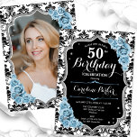Damask Black Silver Royal Blue Foto 50. Geburtstag Einladung<br><div class="desc">Elegante florale feminine 50. Geburtstagseinladung mit Ihrem Foto auf der Kartenrückseite. Glam Schwarz-weißes staubblaues Design mit Imitat Glitzer Silber. Enthält schwarz-weiße Damask-Muster, hellblaue Rose, Script-Schriftart und Konfetti. Ideal für ein stilvolles Party für Erwachsene. Personalisieren Sie Ihre persönlichen Daten. Kann für jedes Alter angepasst werden! Gedruckte Zazzle Einladungen oder Sofortdownload digitalen...</div>