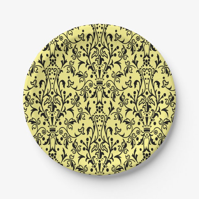 Damask Black & Yellow Pappteller (Vorderseite)