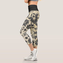 Damask-Blätter auf cremefarbenen gelben Capri-Legg Capri Leggings