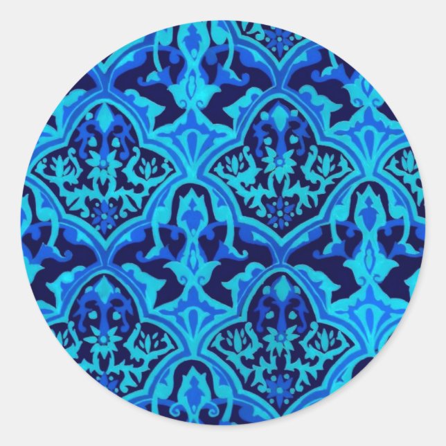 Damask blau runder aufkleber (Vorderseite)