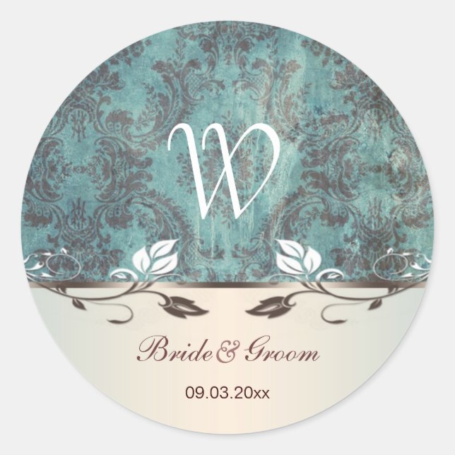 Damask bläulich-braun Hochzeitsticker Runder Aufkleber (Vorderseite)
