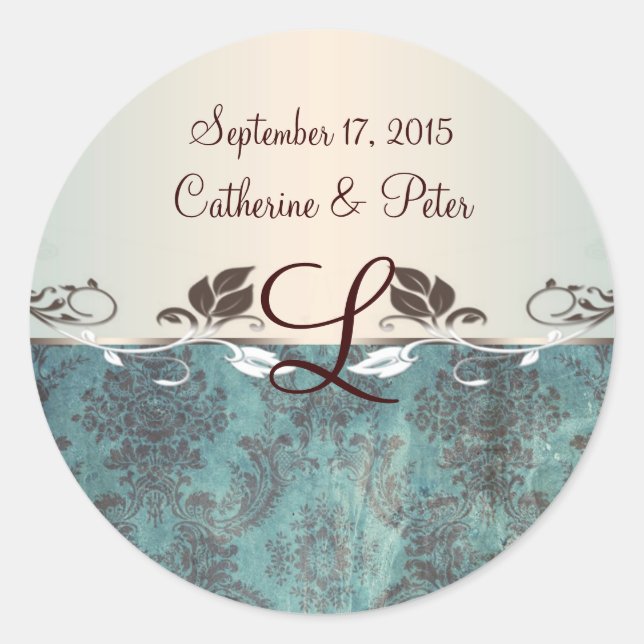 Damask bläulich-braun-Monogramm-Aufkleber Runder Aufkleber (Vorderseite)