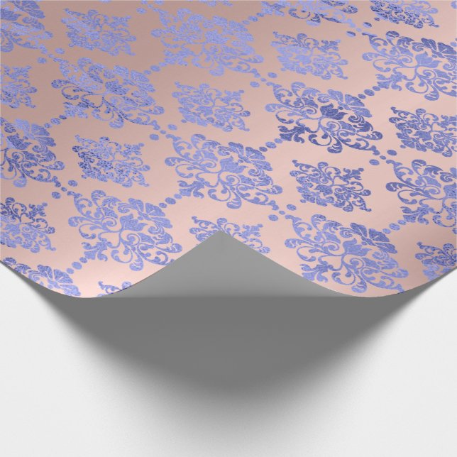 Damask Blue Cobalt Indigo Rose Gold Royal Geschenkpapier (Ecke)