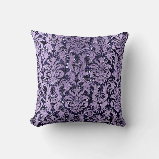 Damask Blue Navy Violet Hütte Lila Glitzer Kissen (Vorderseite)