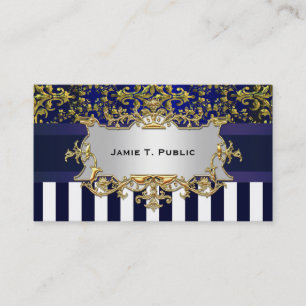 Damask Blue White Stripe, Blue Ribbon, Gold \Label Visitenkarte