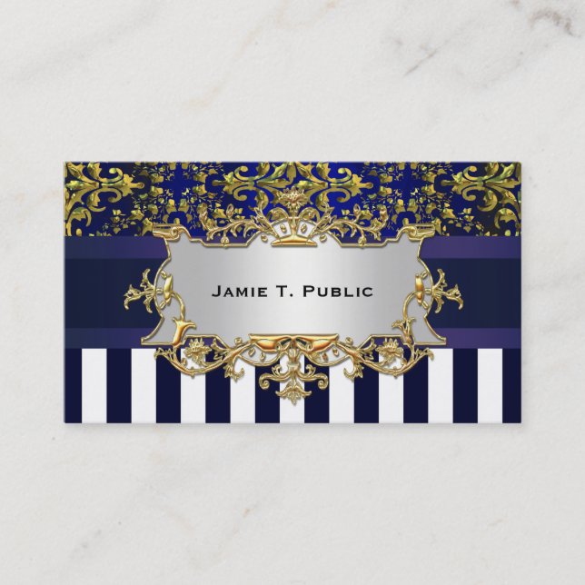 Damask Blue White Stripe, Blue Ribbon, Gold \Label Visitenkarte (Vorderseite)