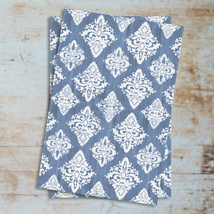 Damask Blue White Watercolor Rustic Wood Decoupage Seidenpapier