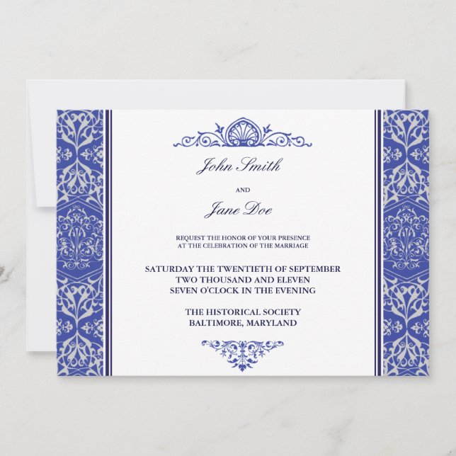 Damask Border Invasion in Royal Blue Einladung (Vorderseite)