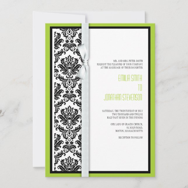 Damask Bow Wedding Einladung mit Green (Vorderseite)