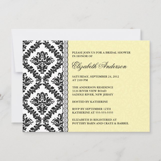 Damask Bridal Dusche Einladung Black & Yellow (Vorderseite)