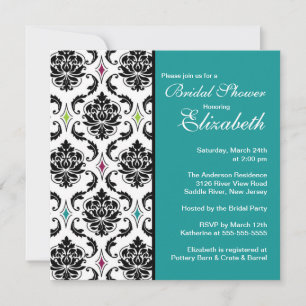 Damask Bridal Dusche Einladung Schwarz & Türkis