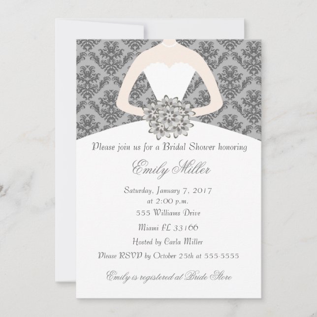 Damask Bride Gray Bridal Dusche Einladung (Vorderseite)