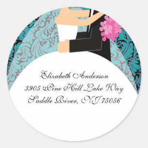Damask Briet & Groom Address Sticker Türkis