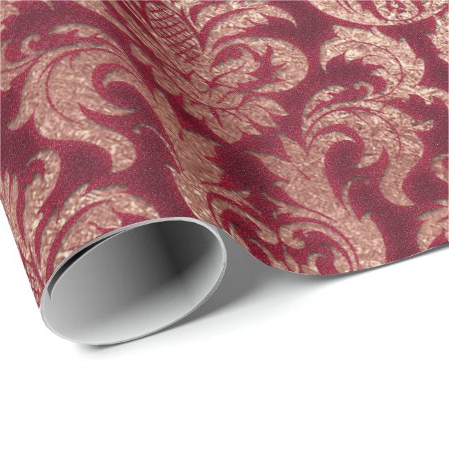 Damask Burgundy Rose Gold Royal Glitzer Burgundy Geschenkpapier (Rolleneckpunkt)