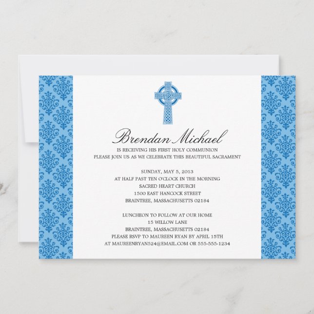Damask Celtic Cross First Communation Einladung (Vorderseite)