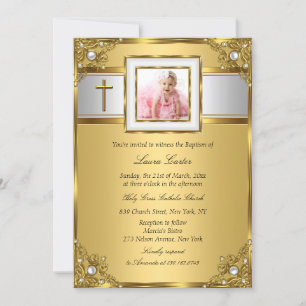 Damask & Cross-Gold-Foto-Taufe/Christening Einladung