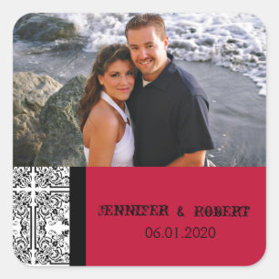 Damask Delight Scarlet Rote Gastgeschenk Hochzeit  Quadratischer Aufkleber