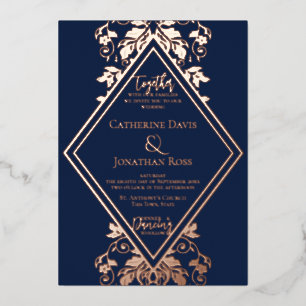 Damask Diamond Navy & Rose Wedding Foil Einladung