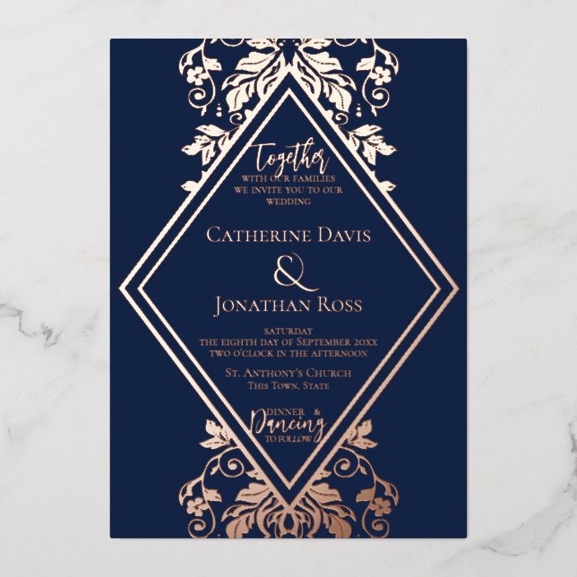 Damask Diamond Navy & Rose Wedding Foil Einladung (Vorderseite)