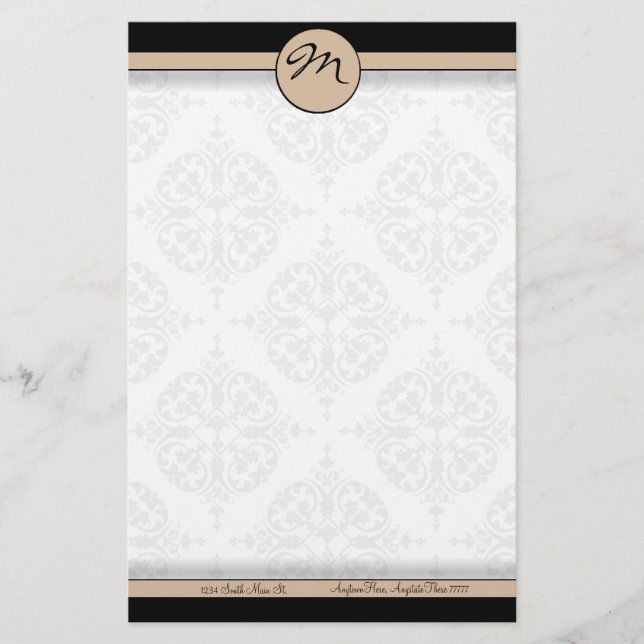 Damask Double Line Beige Monogram Stationierung Briefpapier (Vorderseite)