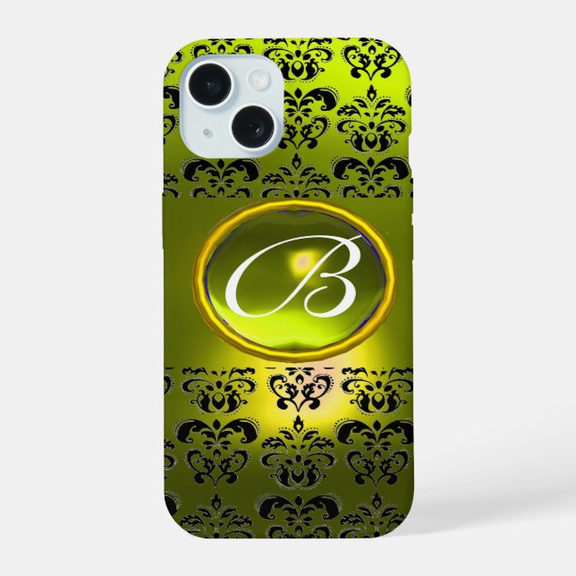 DAMASK-EDELSTEIN-MONOGRAMM Gelb iPhone 15 Hülle (Rückseite)