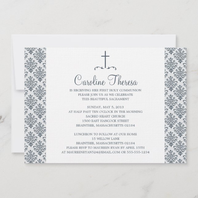 Damask Erste Kommunion Einladung (Vorderseite)