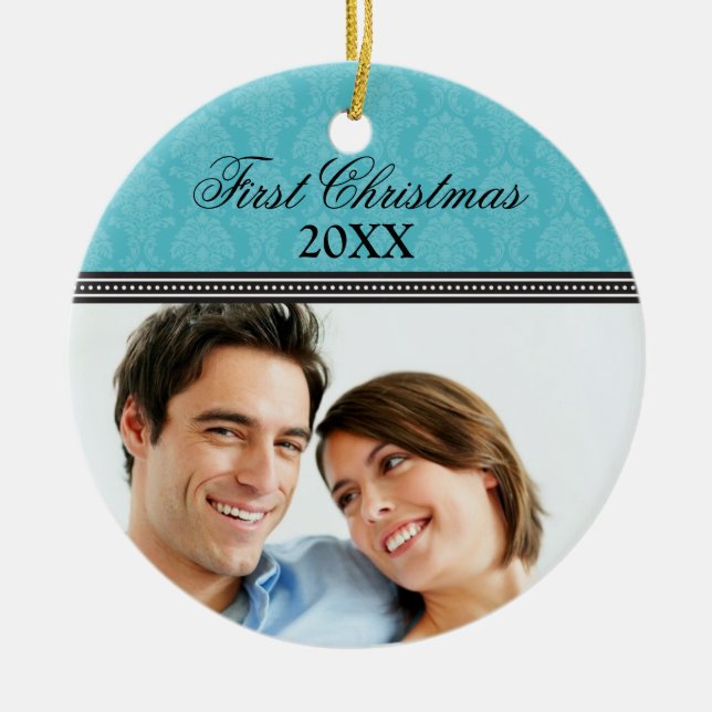 Damask First Christmas Wedding Ornament (Aqua) (Vorne)