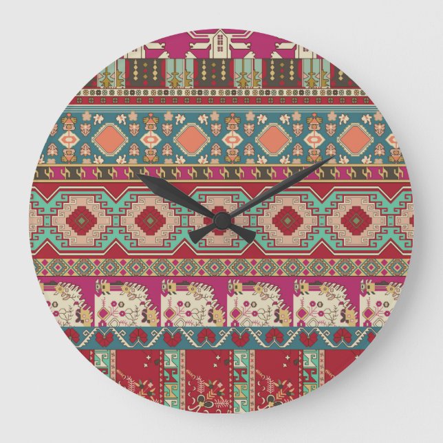 Damask Floral Geometric Colorful Patchwork Große Wanduhr (Vorderseite)